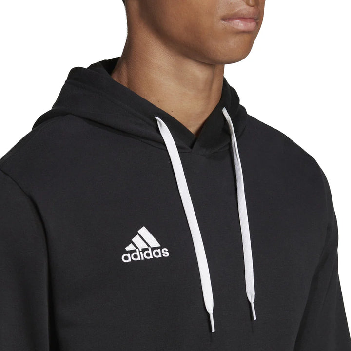 Black Adidas hoodie with white drawstrings on a white background