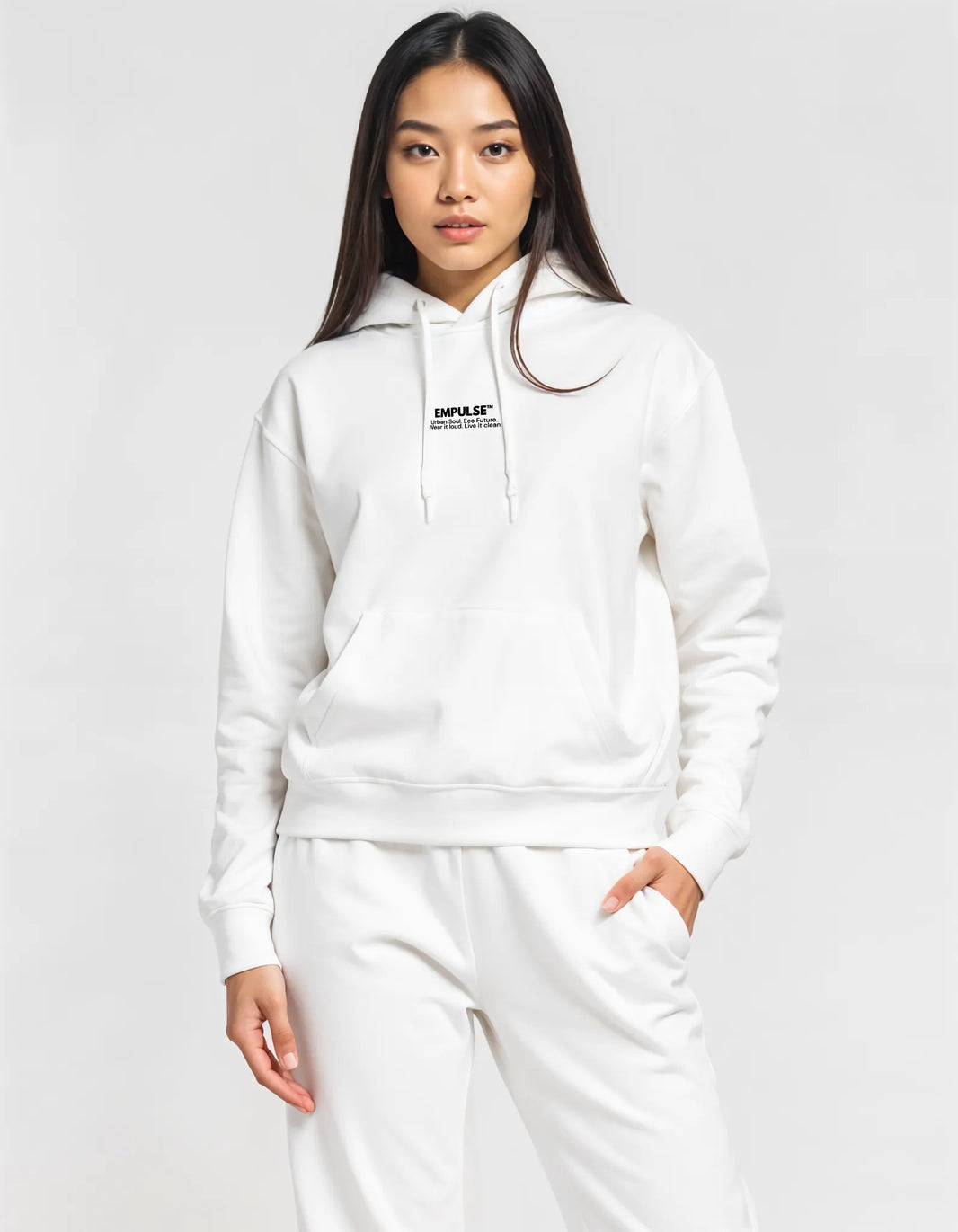 Empulse™ Eco Threads Premium Hoodie - White Product Mockup 1