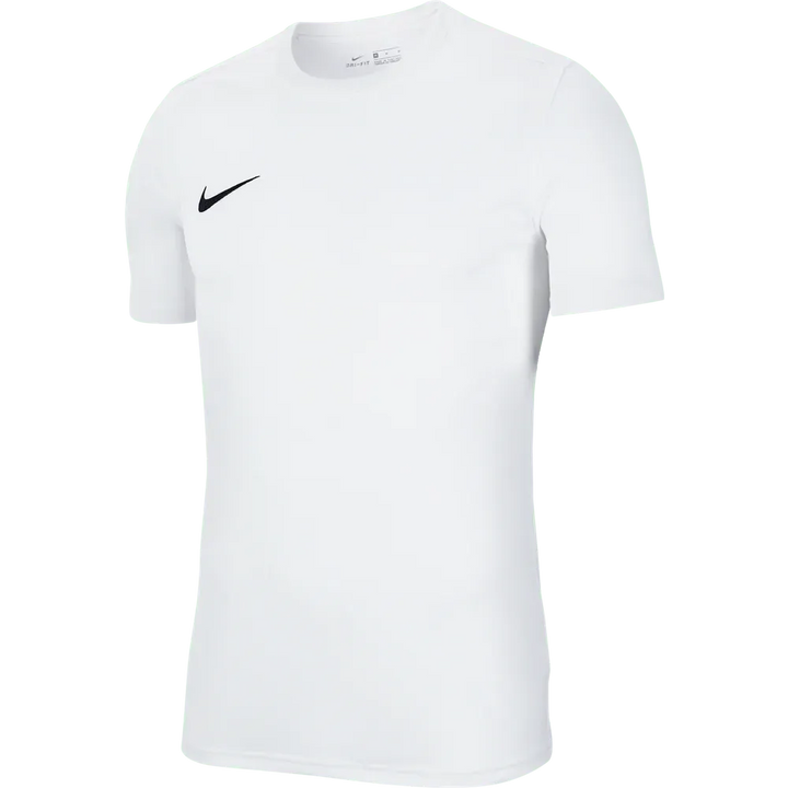 Front view of Nike Men's Park 7 Jersey in white with black swoosh logo