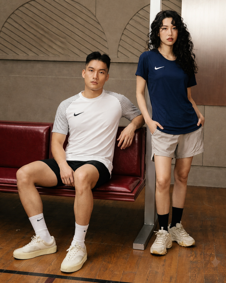 Two people wearing Nike clothing in an indoor setting