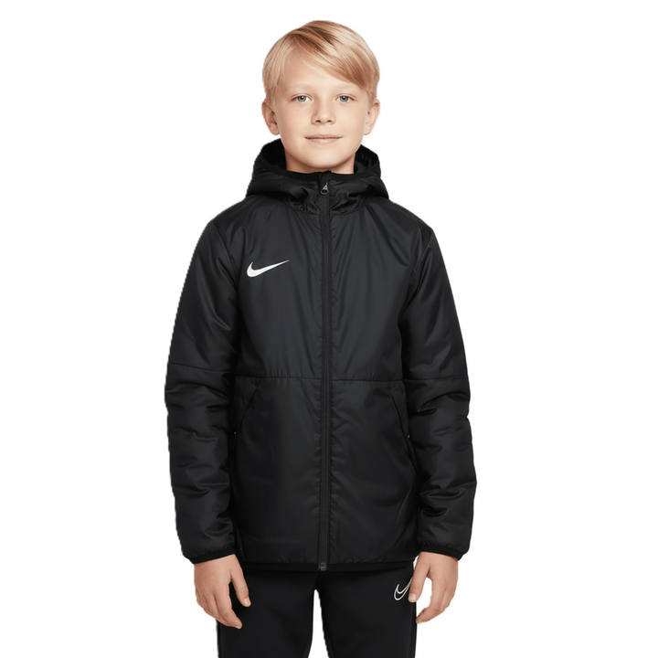 Child wearing a black Nike Therma Repel jacket on a white background