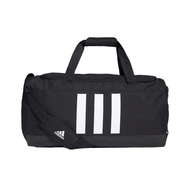 Side profile of Adidas Essentials Duffel Bag showing iconic three white stripes