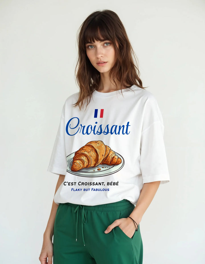 Empulse™ Croissant Sorona t-shirt in white with photo-real croissant graphic worn by female model