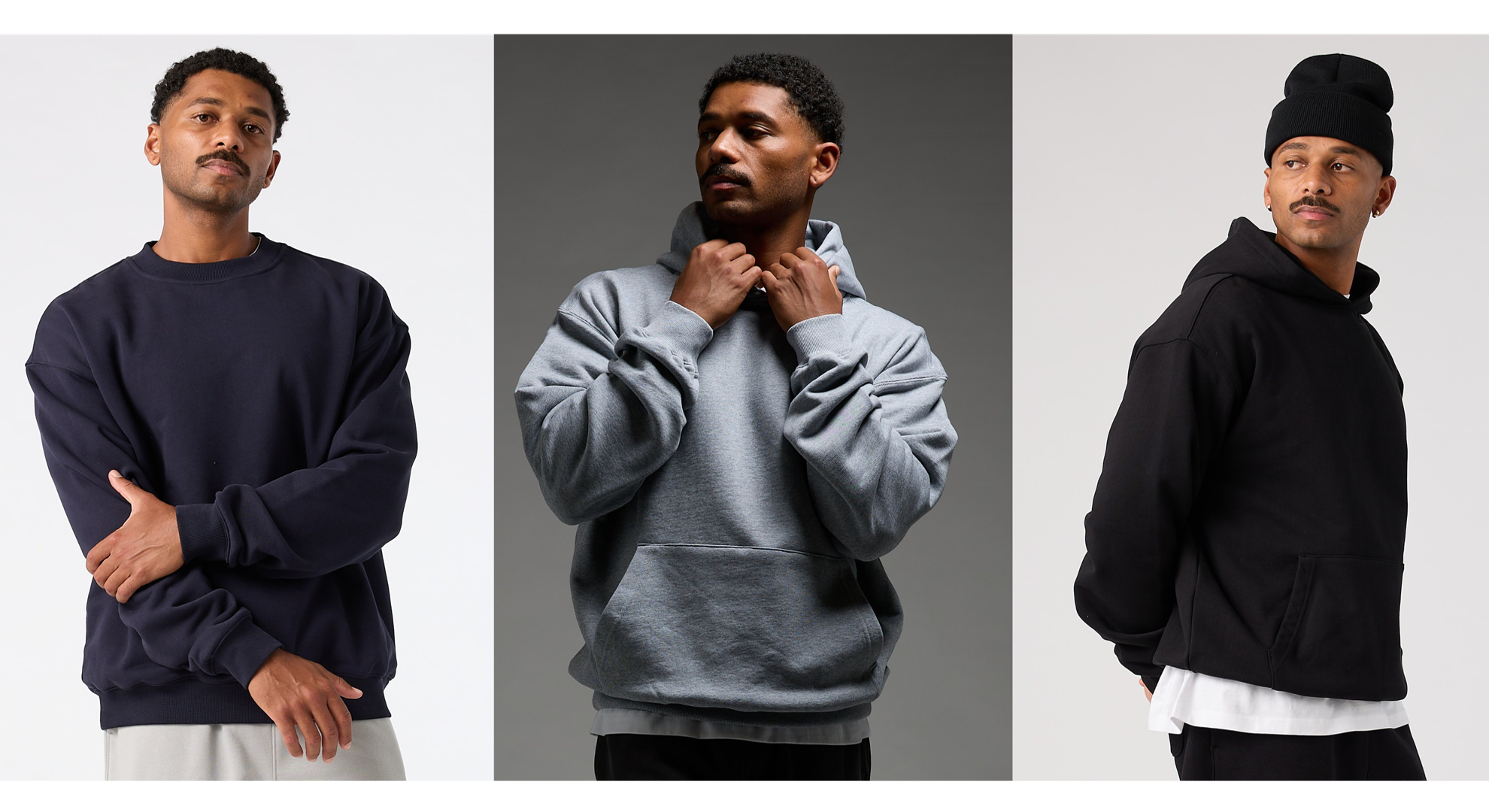 Empulse homepage banner featuring models in navy sweatshirt grey hoodie and black hoodie from the latest hoodies and tshirts collection