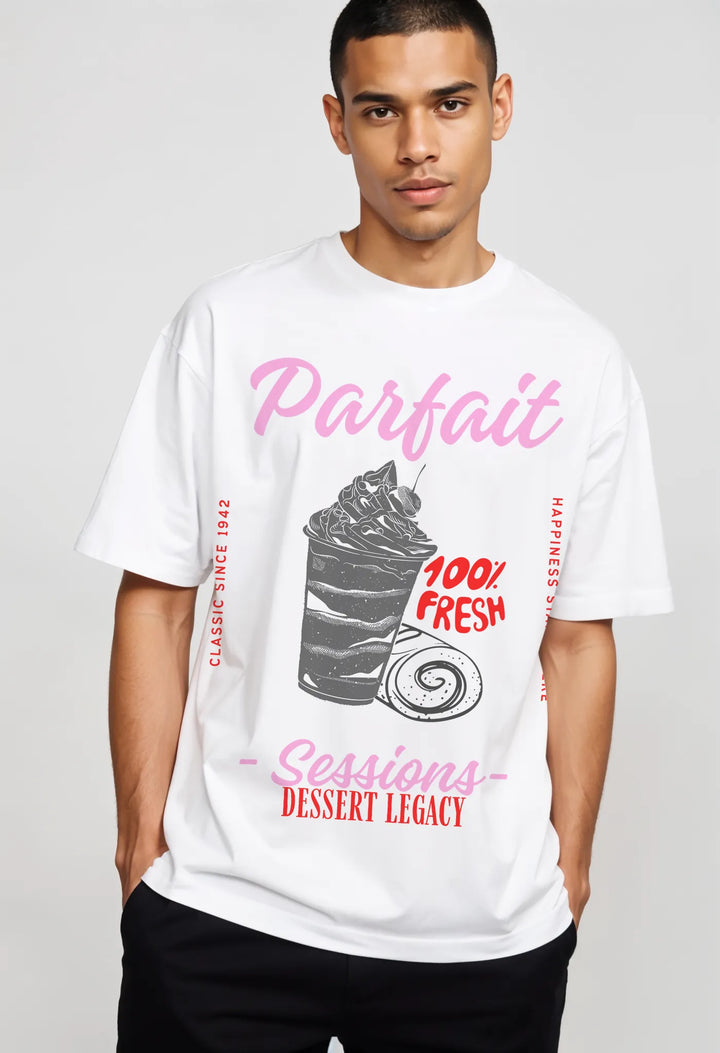 Empulse™ Parfait Sorona t-shirt with pink dessert graphic worn by male model in studio setting