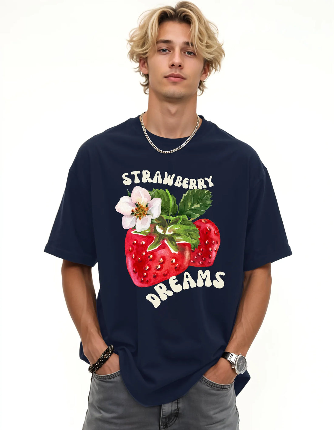 Empulse™ Strawberry Dreams t-shirt in navy Sorona blend with bold strawberry print, worn by male model front-facing