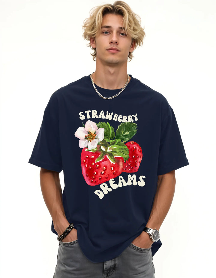 Empulse™ Strawberry Dreams t-shirt in navy Sorona blend with bold strawberry print, worn by male model front-facing