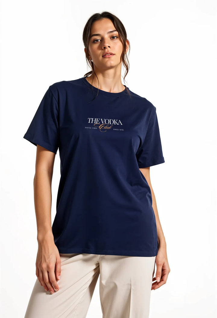 Empulse™ navy Sorona t-shirt styled front-facing, showing small front logo from the Vodka Club series