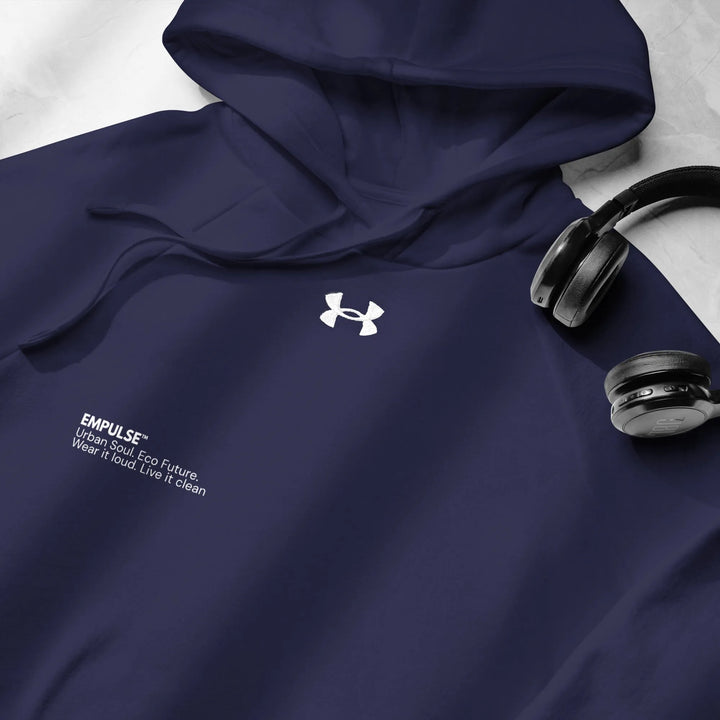 Flat lay of Under Armour navy hoodie with kangaroo pocket
