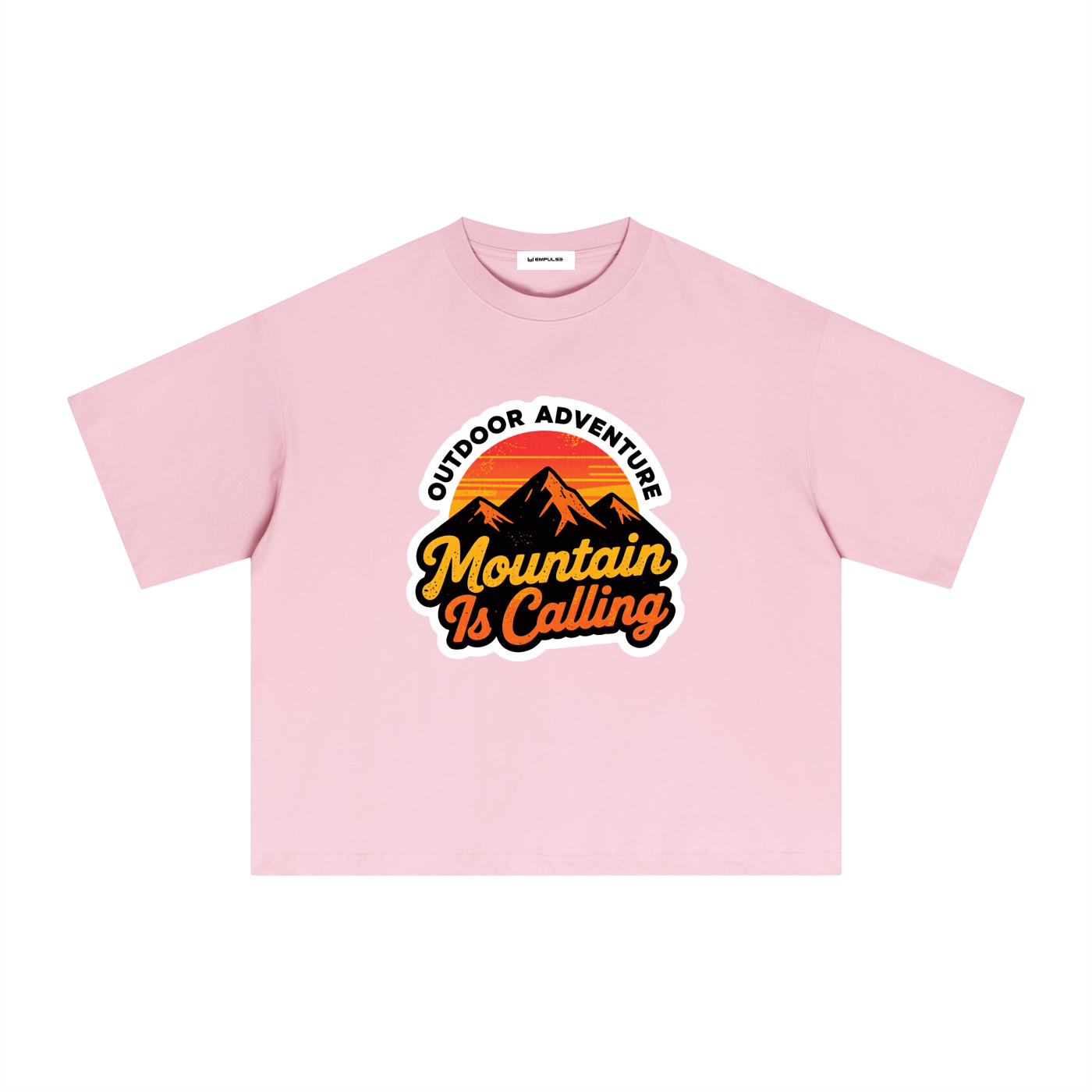 Empulse Outdoors Sorona boxy tee in pink, front view with Mountain Is Calling graphic