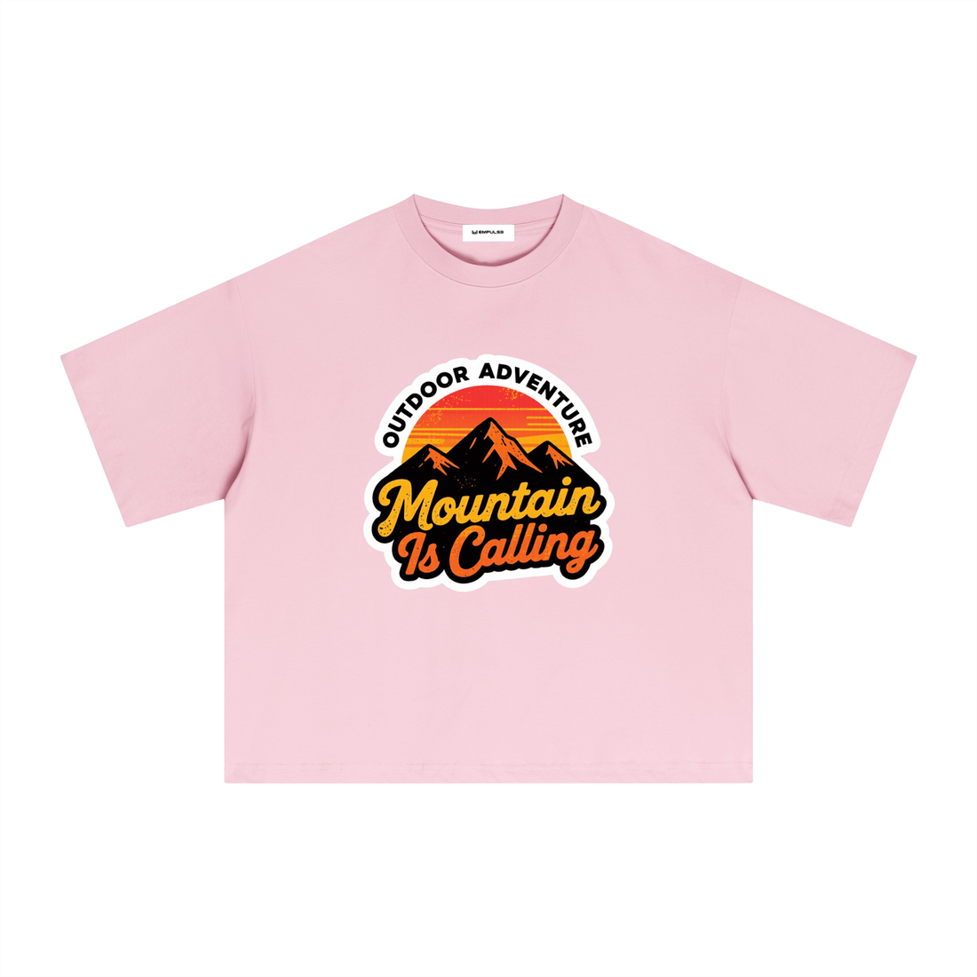 Empulse Outdoors Sorona boxy tee in pink, front view with Mountain Is Calling graphic