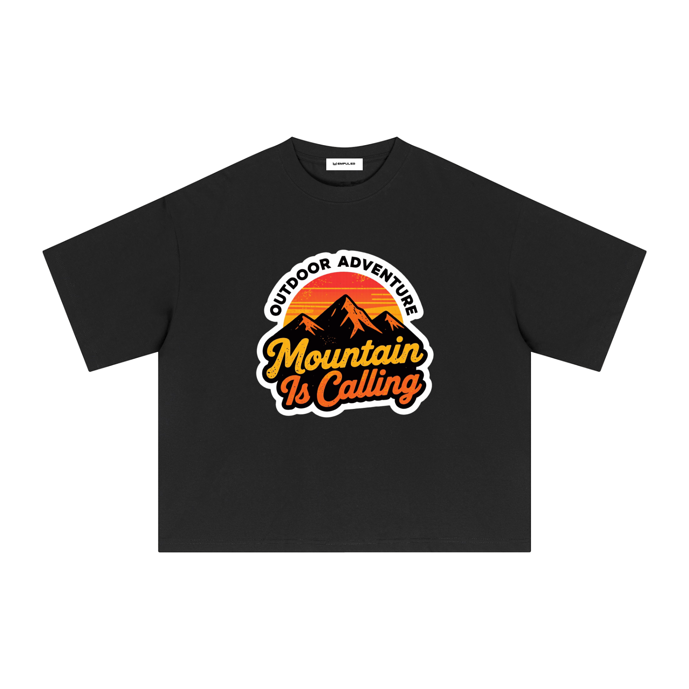 Empulse Outdoors Sorona boxy tee in black, front view with Mountain Is Calling graphic