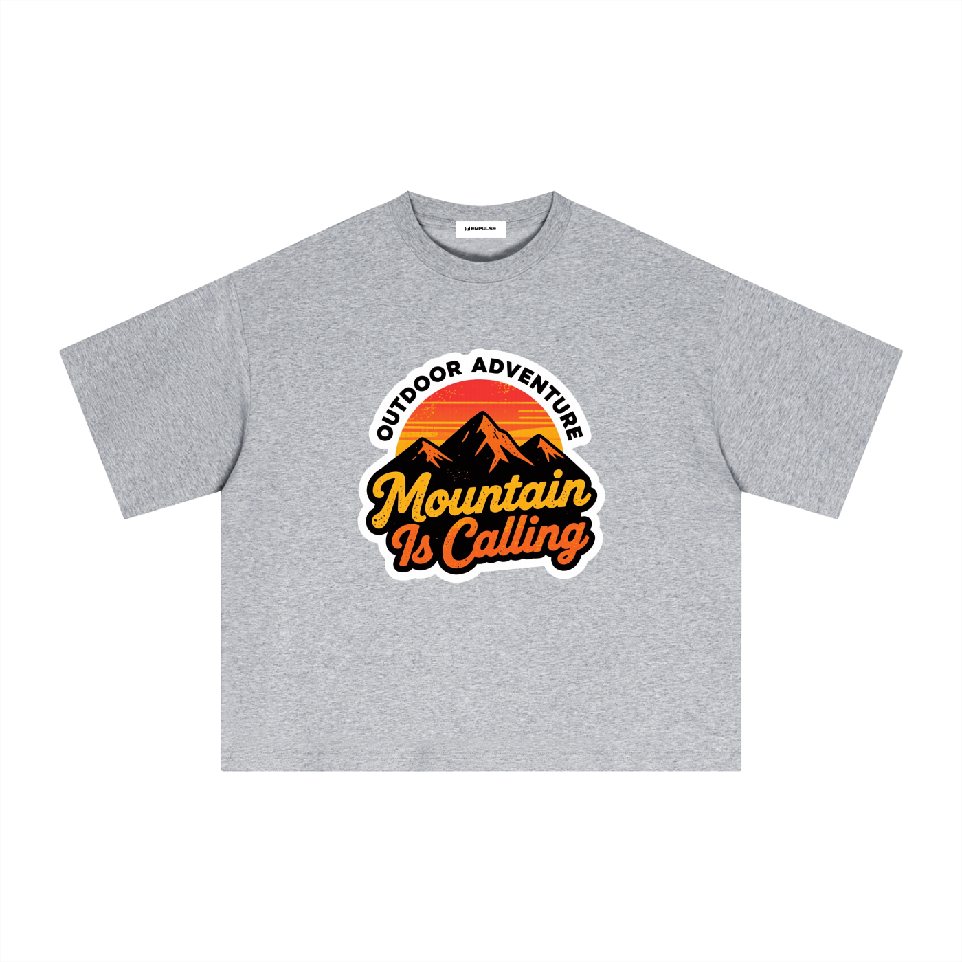 Empulse Outdoors Sorona boxy tee in flower grey, front view with Mountain Is Calling graphic