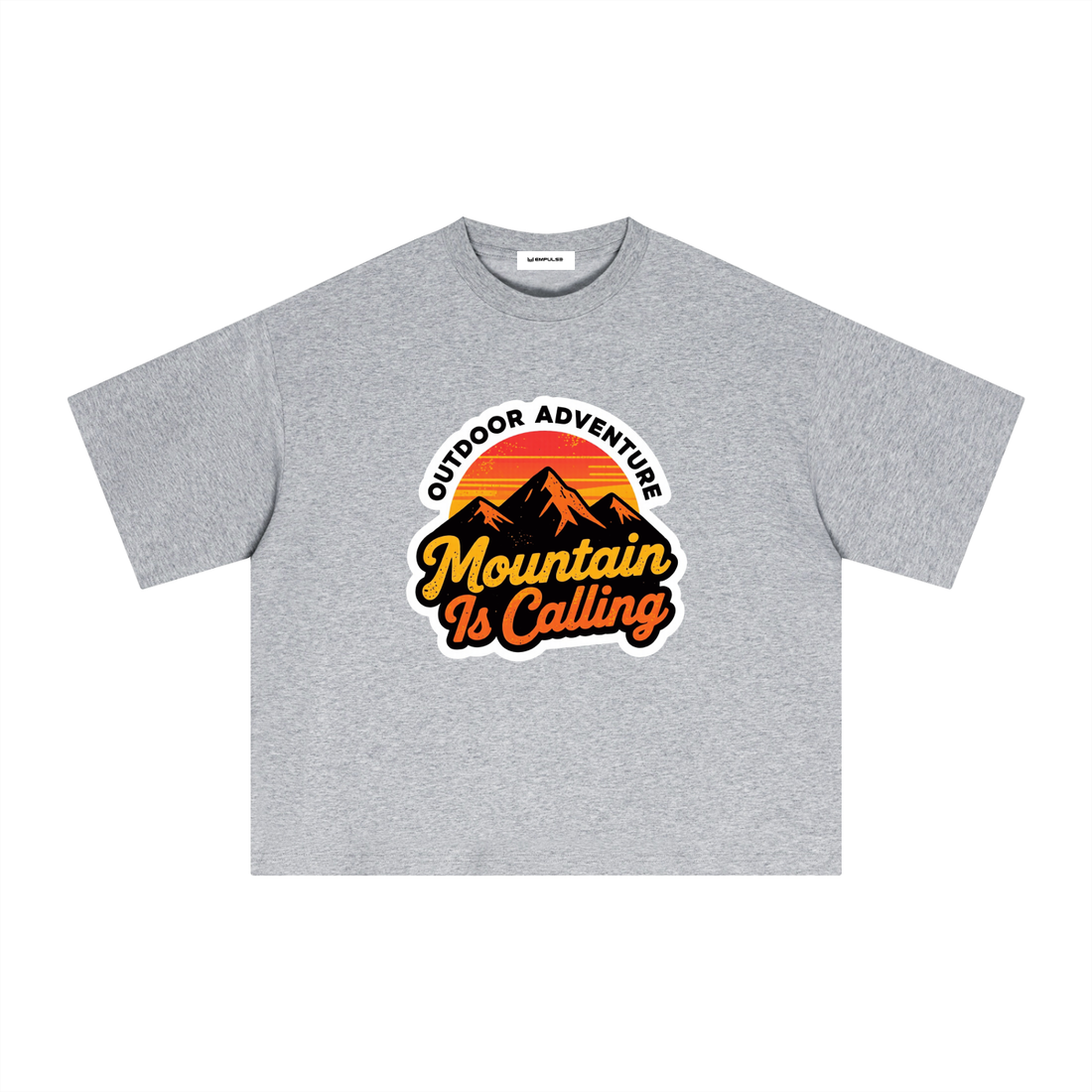 Empulse Outdoors Sorona boxy tee in flower grey, front view with Mountain Is Calling graphic