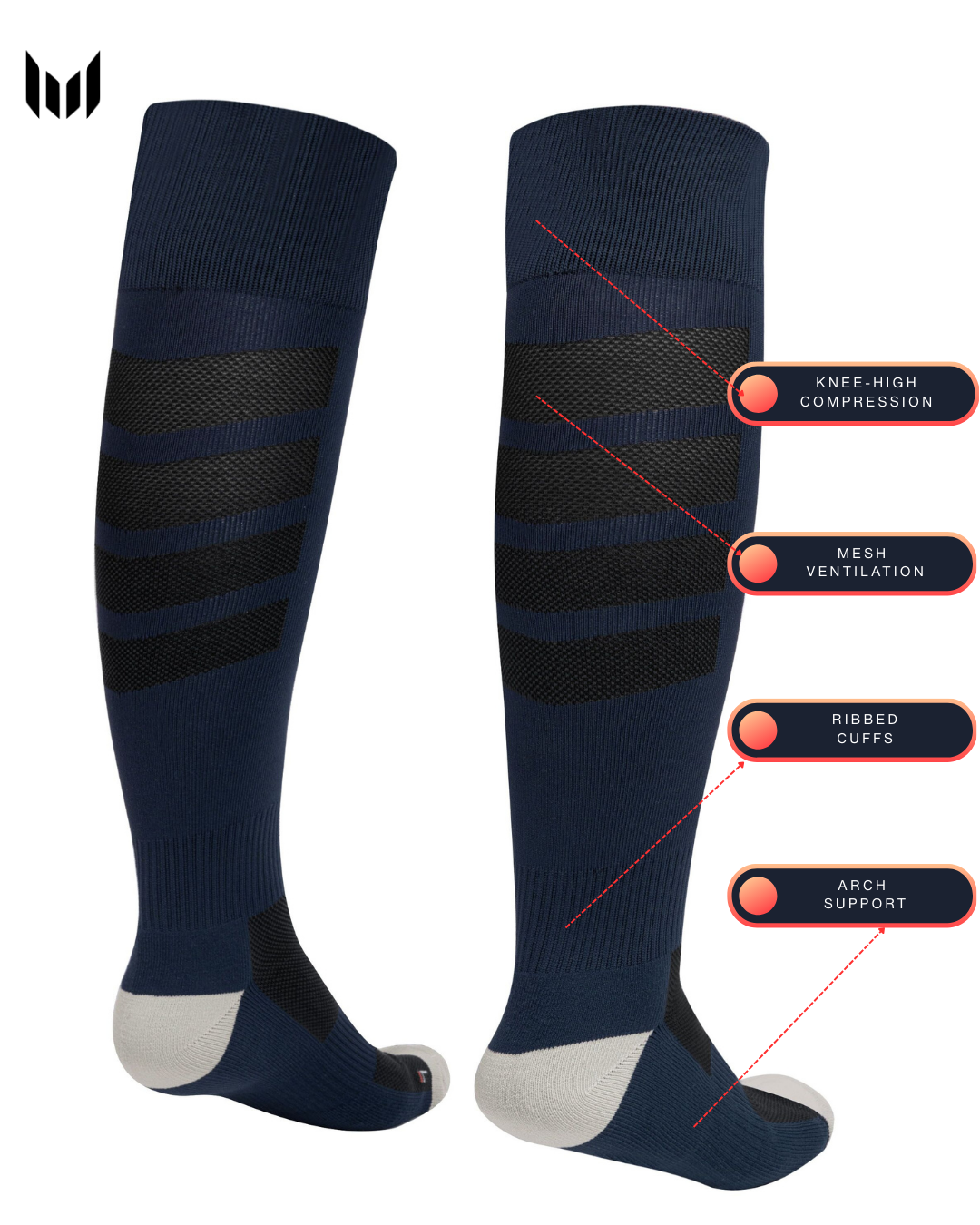 Empulse knee high socks in navy, showing frontal image