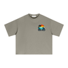 Empulse Coastal Run Club Sorona boxy tee in khaki, front view with small sunset chest graphic