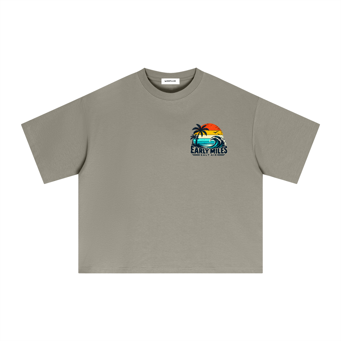 Empulse Coastal Run Club Sorona boxy tee in khaki, front view with small sunset chest graphic