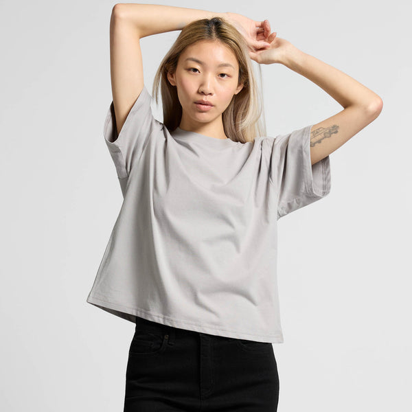 Custom Women's Martina Tee 4006 — relaxed fit 180 GSM combed cotton tee, drop shoulder, model wears size SML