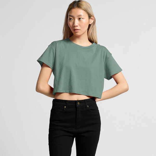 Custom Women's Crop Tee 4062 — relaxed drop shoulder crop tee, 180 GSM combed cotton, model wears size SML