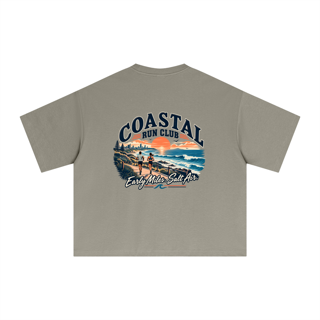 Empulse Coastal Run Club Sorona boxy tee in khaki, back view with Early Miles Salt Air print