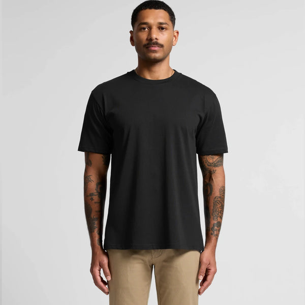 Custom Classic Minus Tee — regular fit, 5cm shorter body, 220 GSM combed cotton, model wears size SML