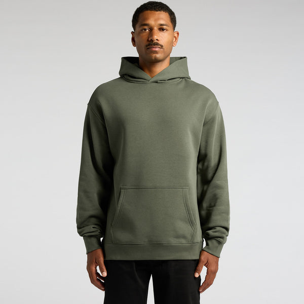 Custom Relax Hoodie 5161 — relaxed fit, 320 GSM recycled poly-cotton fleece, model wears size L