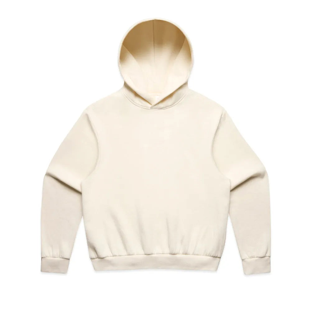 Cream-colored boxy fit hoodie with dropped shoulder seams