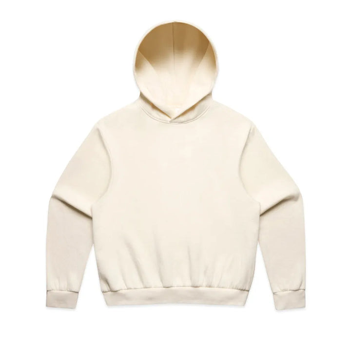Cream-colored boxy fit hoodie with dropped shoulder seams