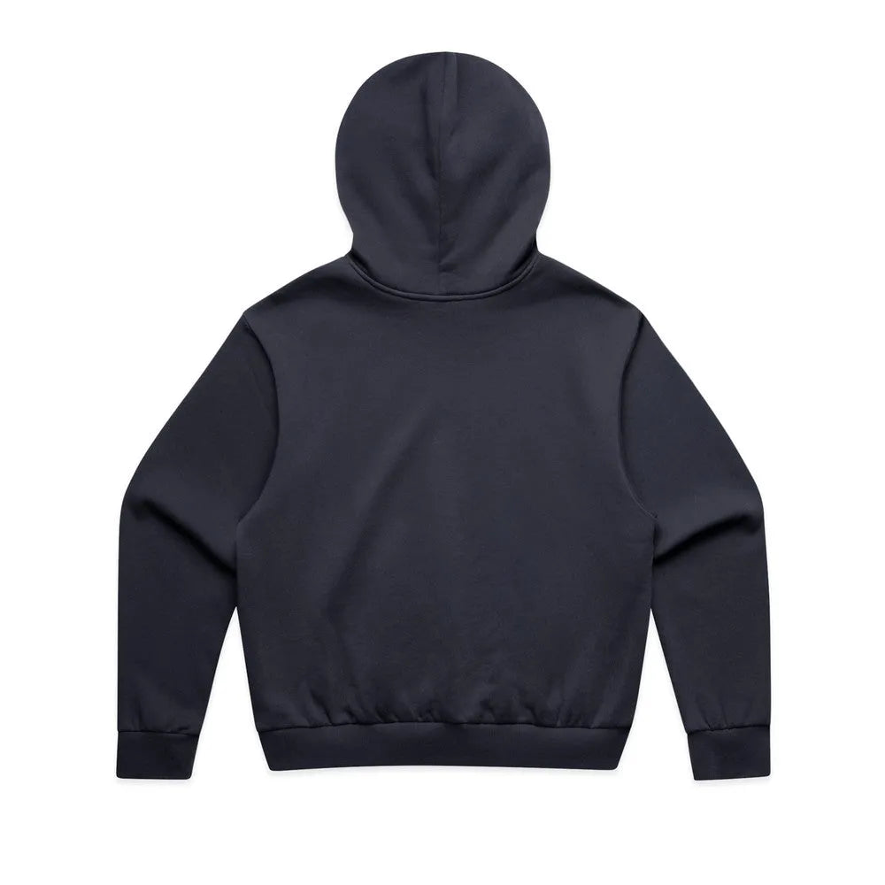 Rear angle of navy boxy blue hoodie in oversized boxy silhouette

