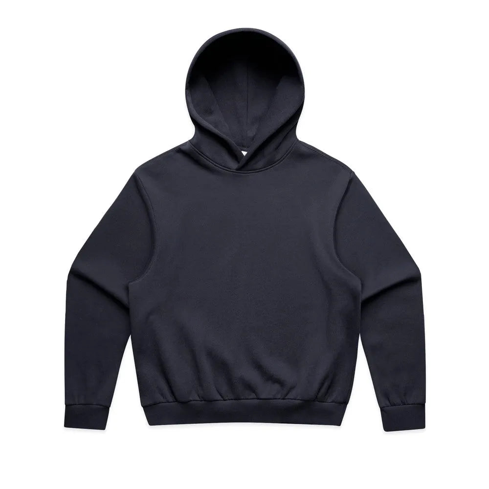 Flat front view of navy boxy fit hoodie with classic pouch pocket