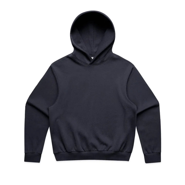 Flat front view of navy boxy fit hoodie with classic pouch pocket