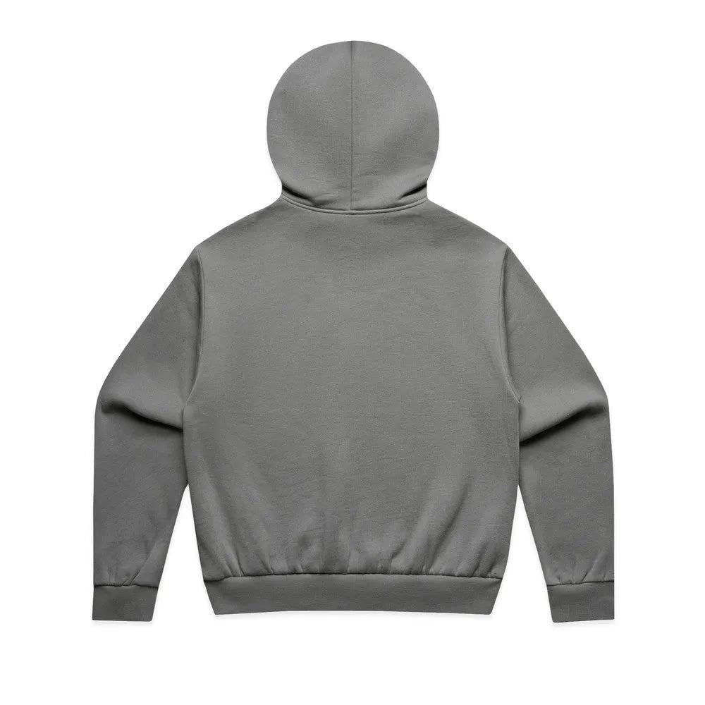 Rear view of charcoal grey hoodie with structured shoulders
