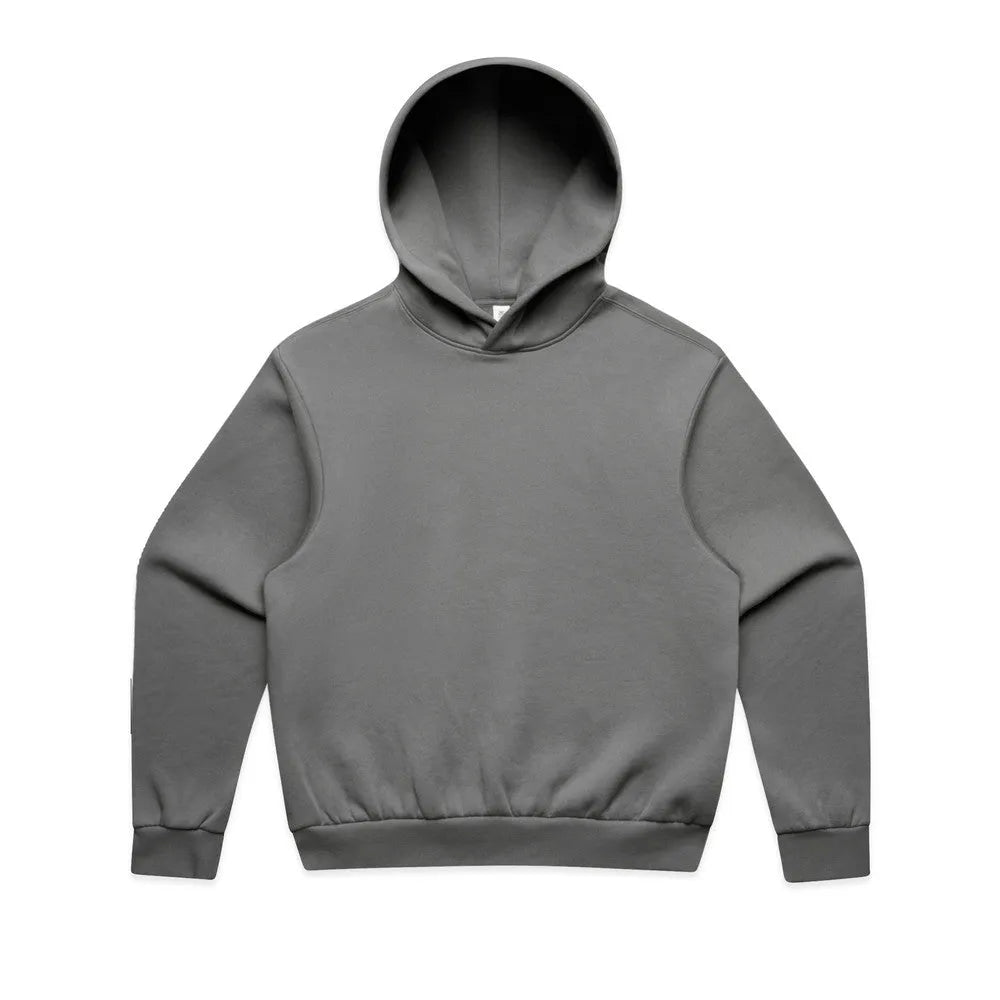 Boxy fit hoodie in dark grey laid flat, front side with cuffed sleeves
