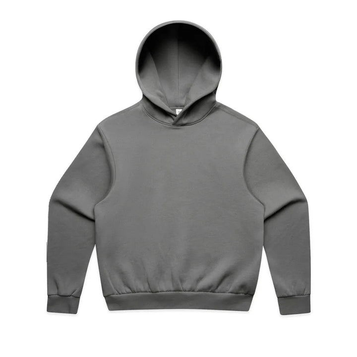 Boxy fit hoodie in dark grey laid flat, front side with cuffed sleeves