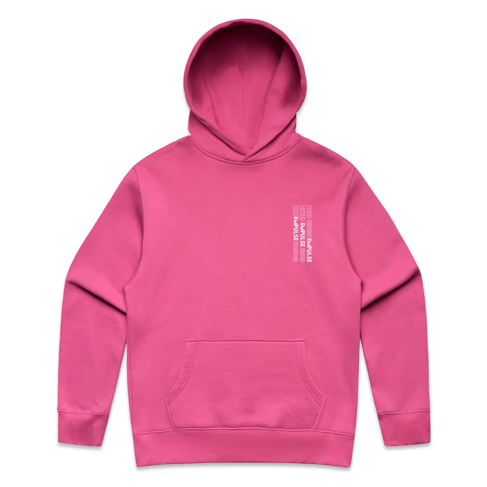 Flat lay of Empulse™ pink hoodie showing vertical front logo print

