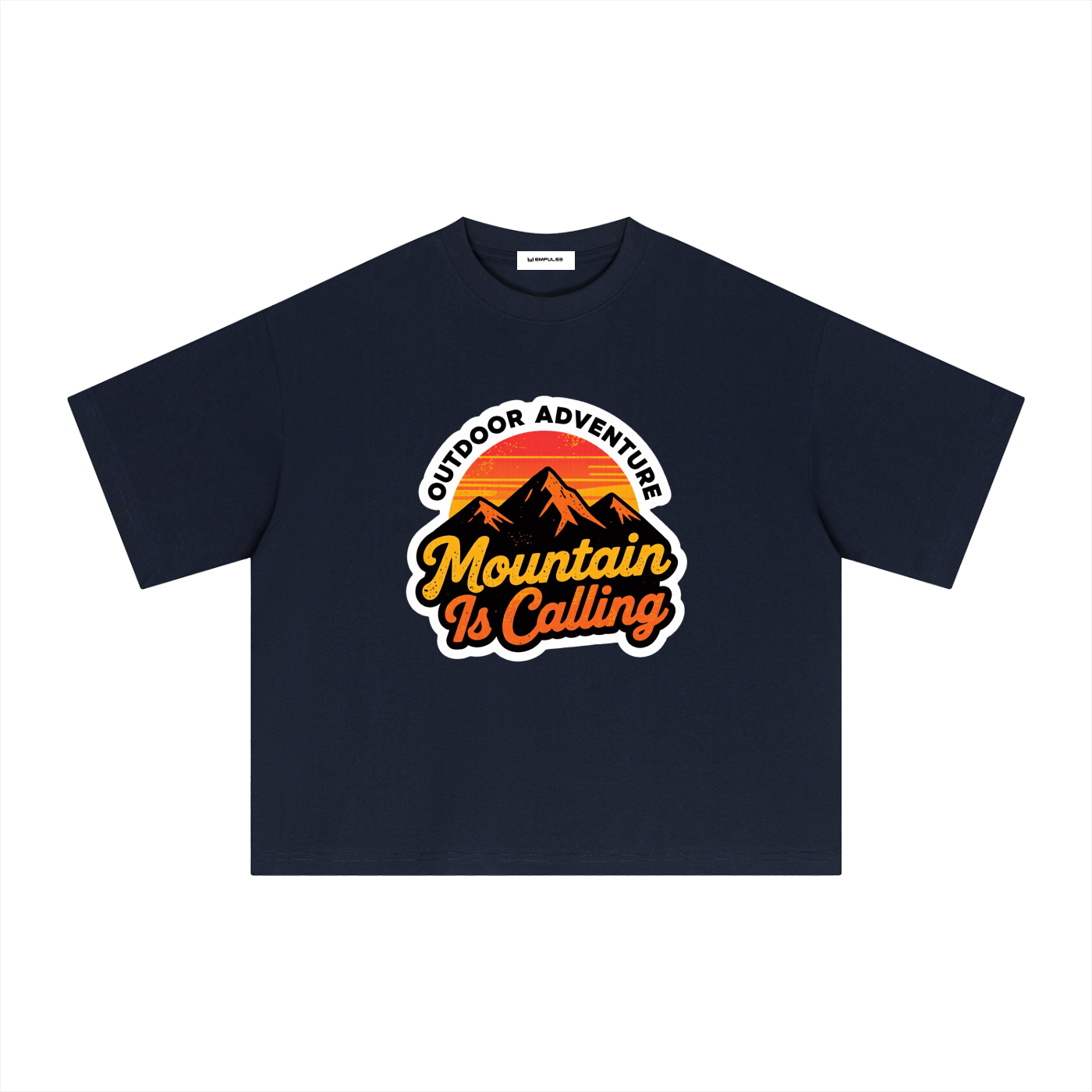 Empulse Outdoors Sorona boxy tee in dark blue, front view with Mountain Is Calling graphic