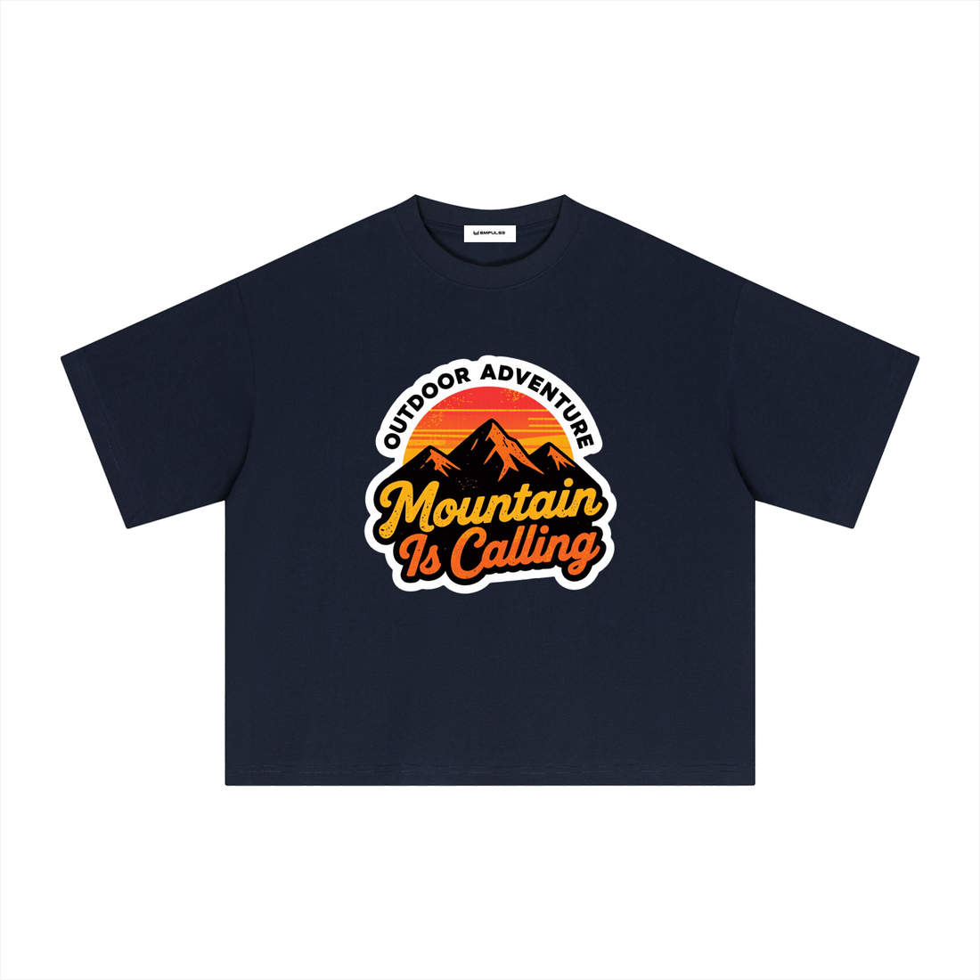 Empulse Outdoors Sorona boxy tee in dark blue, front view with Mountain Is Calling graphic