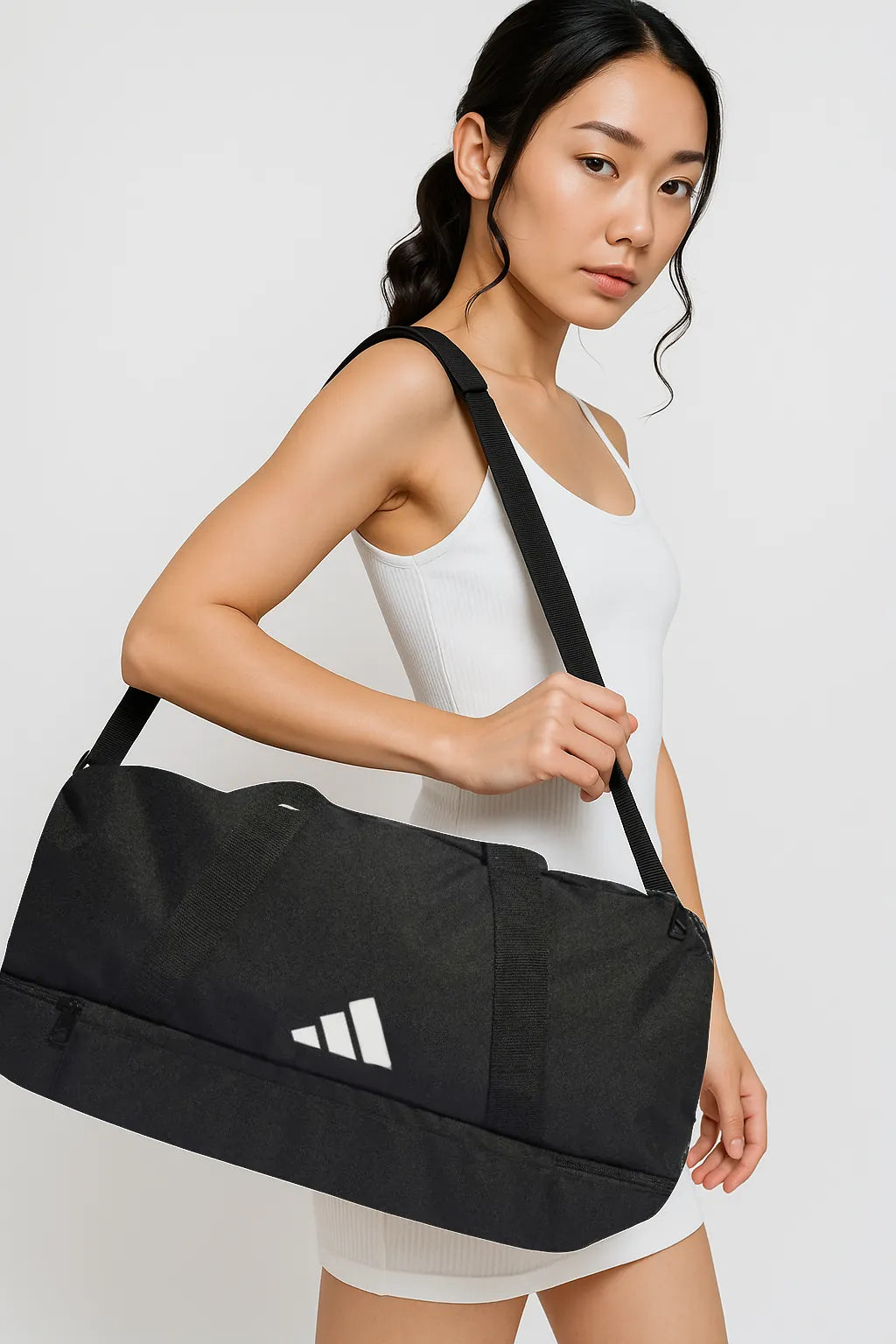 Woman wearing white dress holding black Adidas duffel bag with shoulder strap