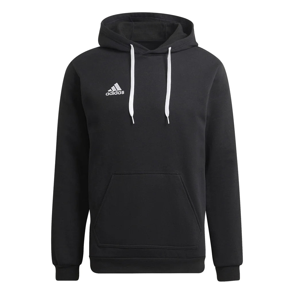 Black adidas hoodie with white drawstrings and Adidas logo on a white background