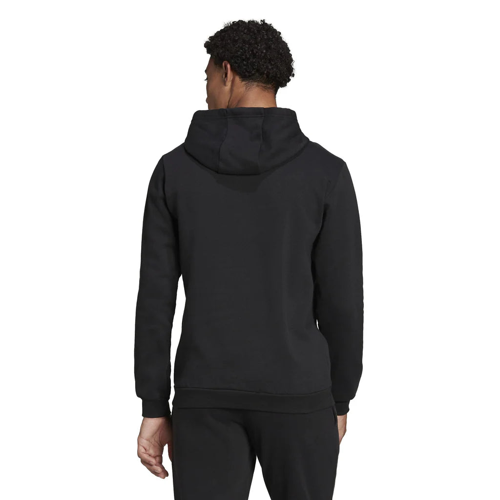 Person wearing a black adidas Entrada 22 hoodie back view against a white background