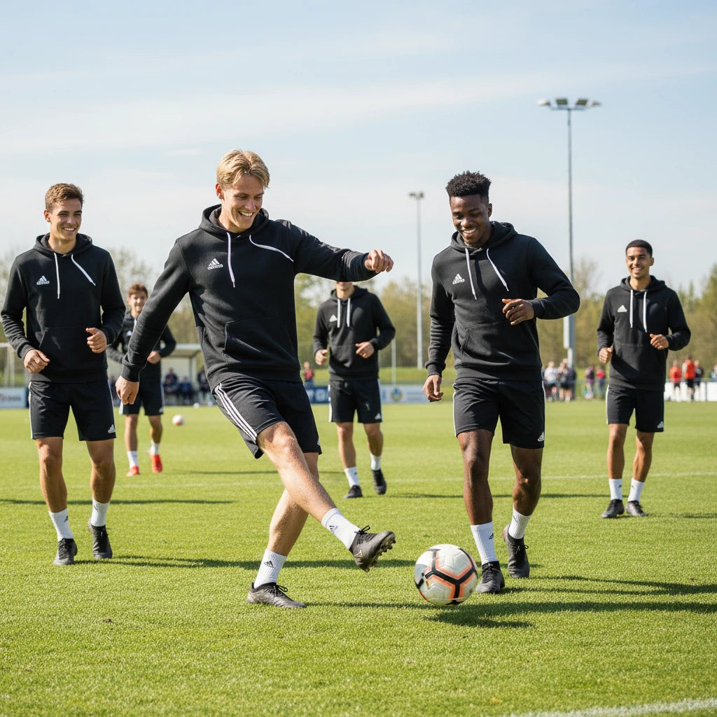 Group of soccer players wearing black adidas Entrada 22 hoodies,  practicing on a field with a clear sky.