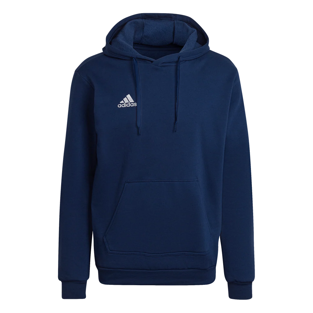 Navy blue hoodie with Adidas logo on a white background
