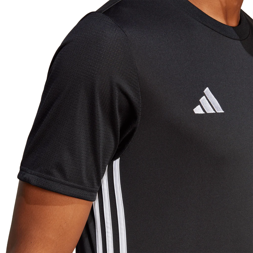 Black Adidas t-shirt with white logo and stripes on a white background