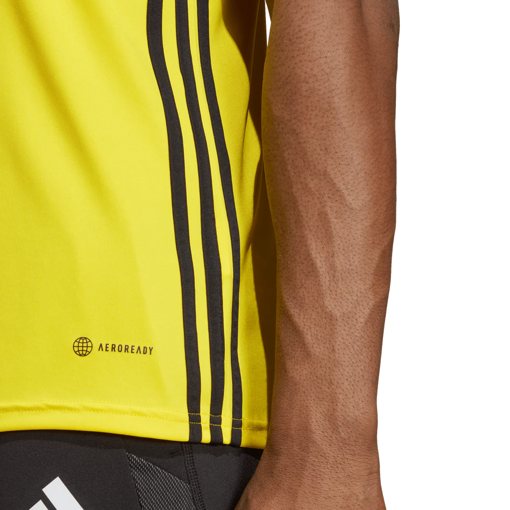 Yellow athletic shirt with black stripes and Aeroready logo on a person wearing it.