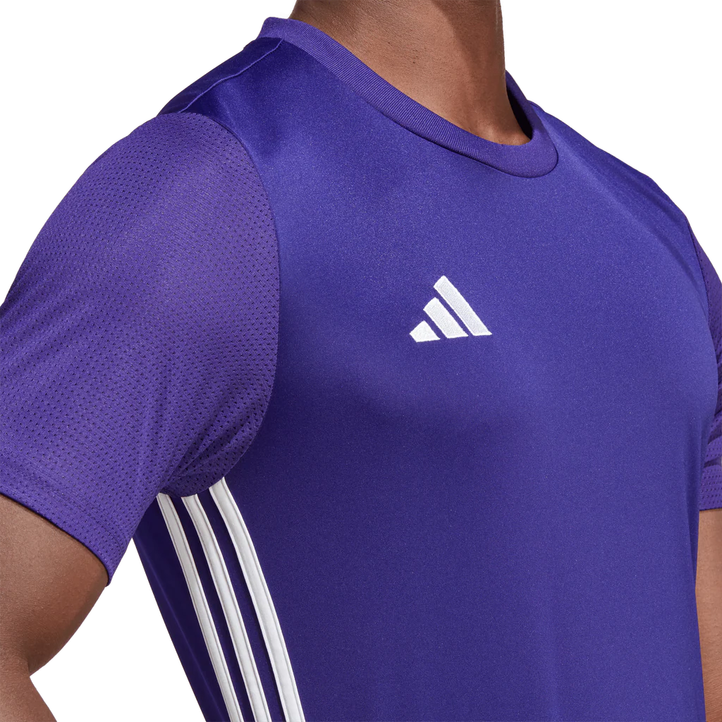 Purple Adidas sports shirt with white logo and stripes on a white background