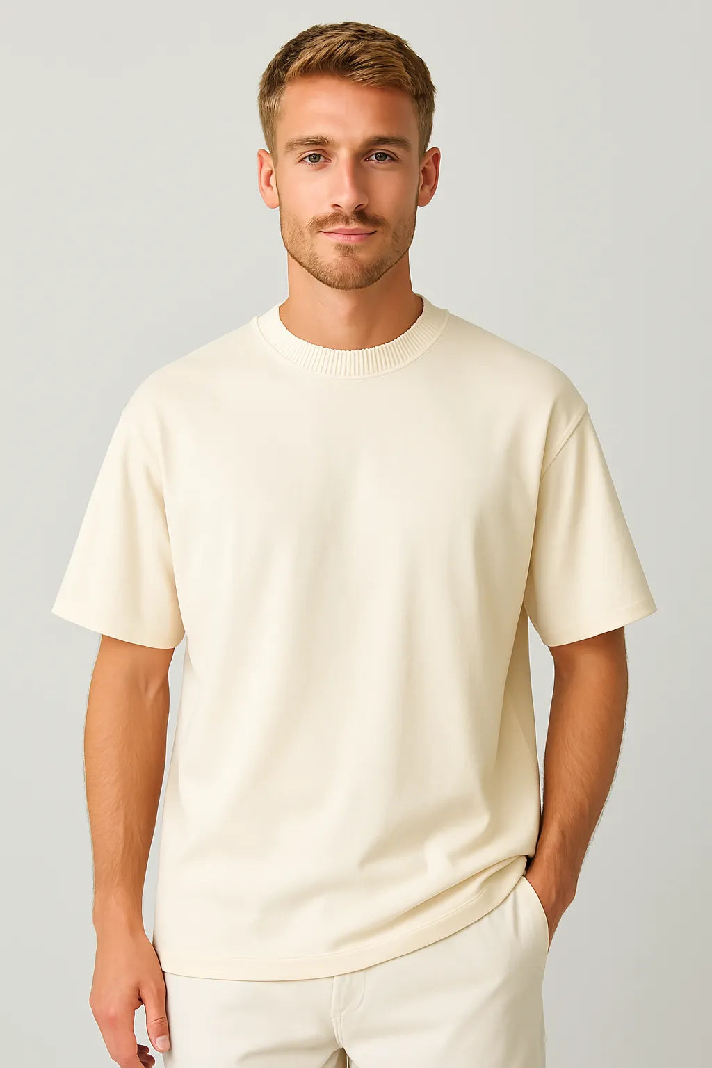 Oversized Knitted Round Neck T-Shirt - Beige