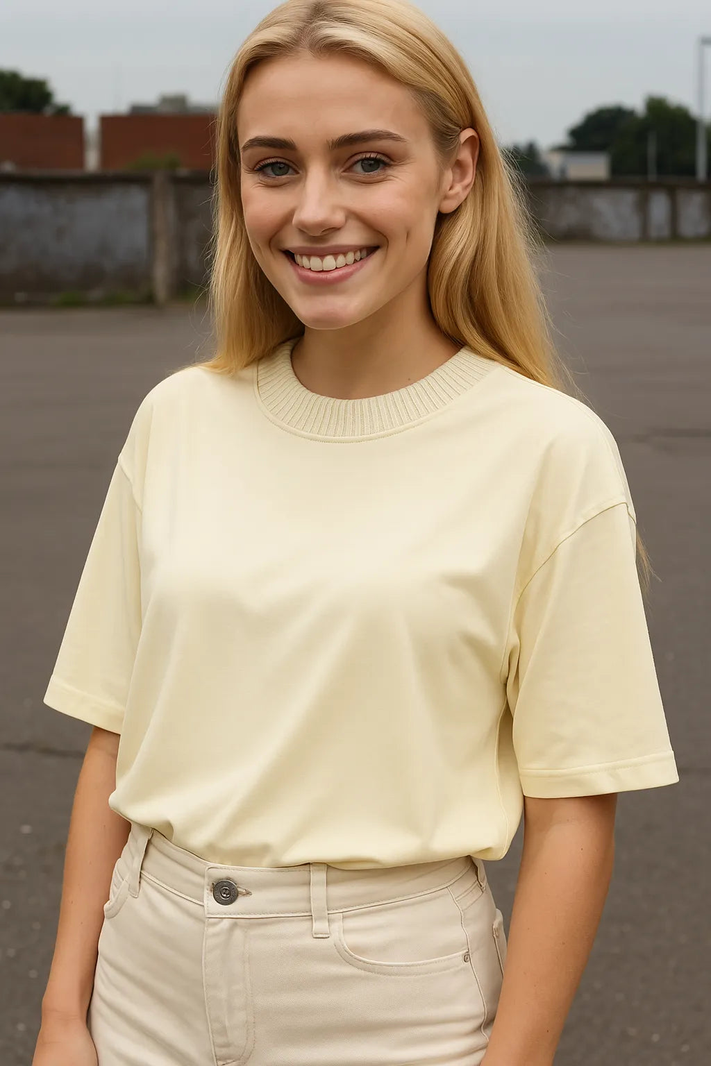 Oversized Knitted Round Neck T-Shirt - Beige