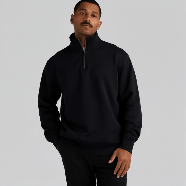 Custom Half Zip Crew 5125 sweatshirt in Black, on-model, front view, 350 GSM AS Colour fleece, Empulse custom branding