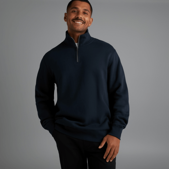 Custom Half Zip Crew 5125 sweatshirt, on-model, front view, 350 GSM AS Colour fleece, Empulse custom branding