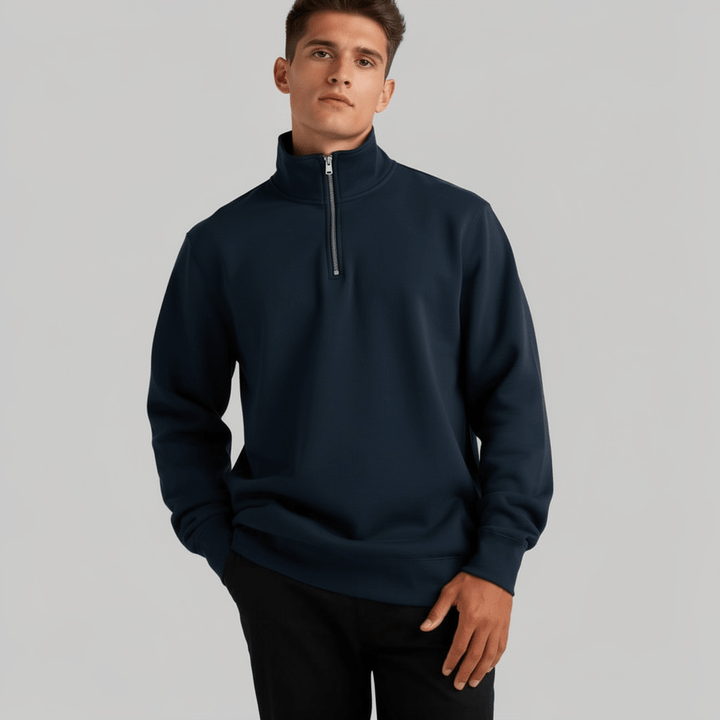 Custom Half Zip Crew 5125 sweatshirt in Navy, on-model, front view, 350 GSM AS Colour fleece, Empulse custom branding